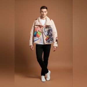 Men's Beige Graphic Puffer Jacket